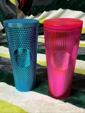 Starbucks Teal Studded Tumbler & Hot Pink Ribbed Tumbler Set